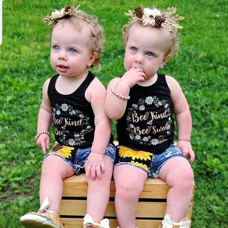 Honganda Fashion 2Pcs Toddler Kids Baby Girl Sunflower Outfits Sleeveless Tank Top+Denim Shorts Summer Clothes (Black, 3-4T) - Image 2